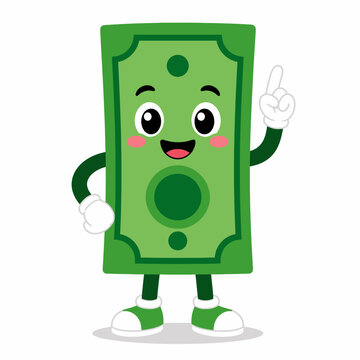 Cute Green Money Mascot Pointing Up with Bright Idea Gesture Flat Vector Cartoon Character Isolated on White Background with Simple Shadow Area