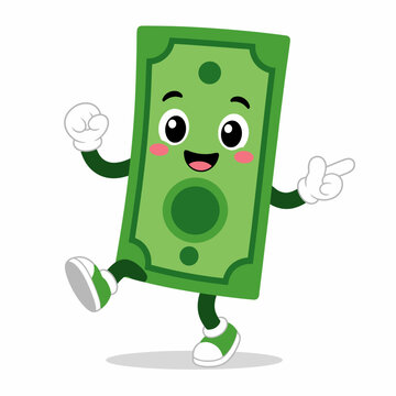 Cute Green Money Mascot Dancing Happily Flat Vector Cartoon Character Isolated on White Background with Solid Shadow for Finance Celebration Concept