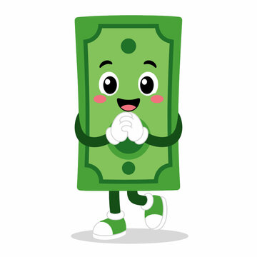 Cute Green Money Mascot with Clasped Hands and Shy Pose Flat Vector Cartoon Character Isolated on White Background with Simple Solid Shadow