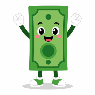 Cute Green Money Mascot Raising Both Fists in Victory Flat Vector Cartoon Character Isolated on White Background with Shadow for Financial Achievement