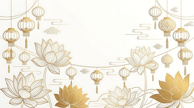 Elegant golden lanterns and lotus flowers on white background