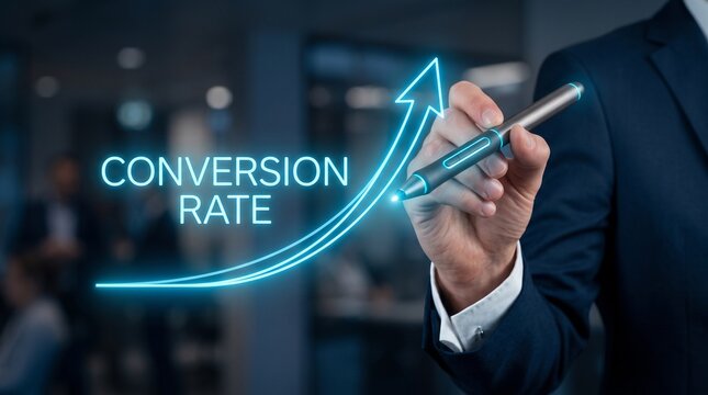 Conversion rate optimization concept, businessman drawing glowing blue growth arrow on virtual screen, digital marketing and sales performance analytics