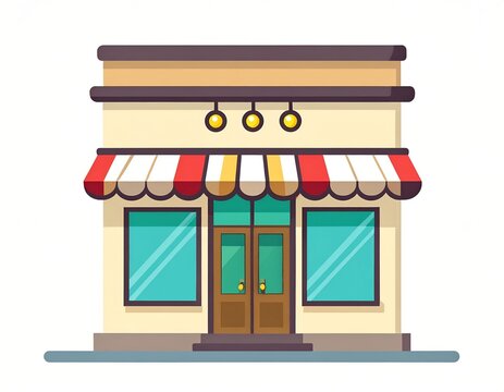 Modern shop facade with striped awning and glass doors flat vector illustration