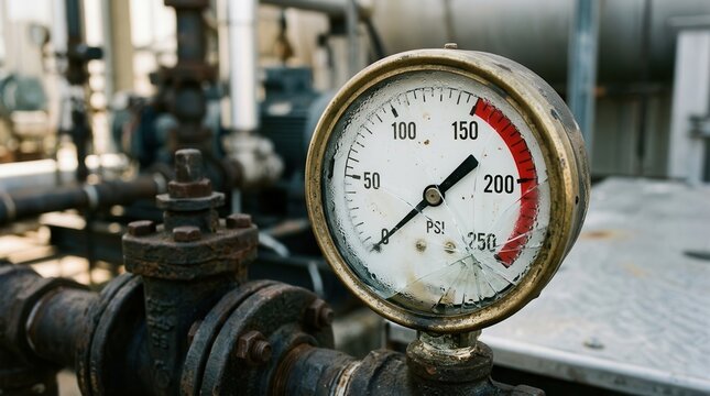 A weathered, cracked industrial pressure gauge mounted on aged metallic piping