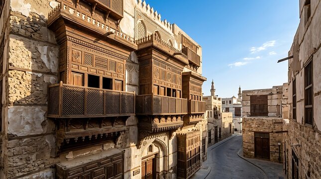 Historic middle eastern street with traditional wooden balconies