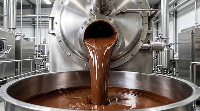 Melted chocolate pouring from industrial machine into a metal vat