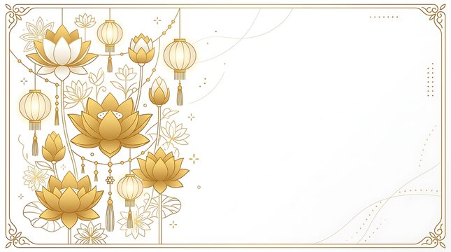 Golden lotus flowers and lanterns on white elegant background