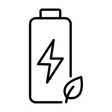 Eco-friendly battery icon with lightning bolt and green leaf symbolizing sustainable energy and renewable power.