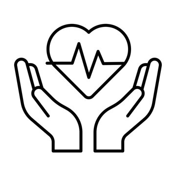Hands holding heart with heartbeat line icon symbolizing healthcare, life protection and medical support.