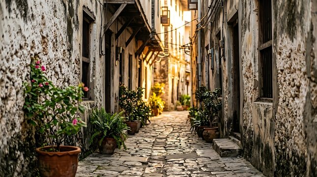 Narrow cobblestone alleyway in a historic old town with plants