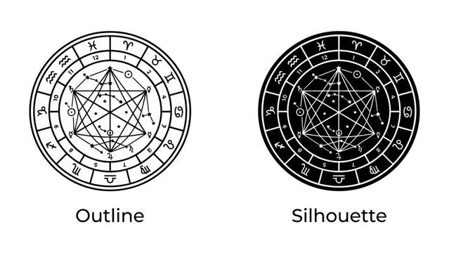 Geometric Mysticism: A visual representation of sacred geometry, featuring a detailed geometric pattern with celestial symbols, presented in both an outline and silhouette form.