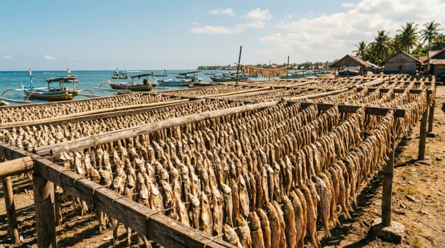 Salted fish ikan asin drying on traditional wooden racks along a scenic tropical beach, captured in a widescreen cinematic view of local fishermen boats resting in the calm ocean water during daytime.