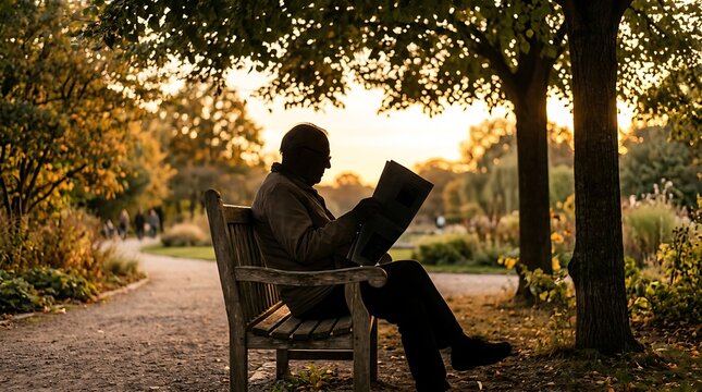 Senior man reading newspaper on park bench at sunset