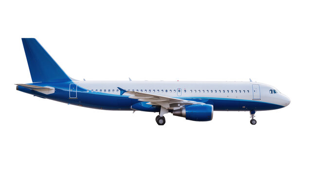 Modern blue and white passenger jet airplane with landing gear extended, isolated on transparent background