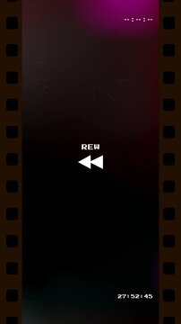 Retro VHS rewind effect with colorful light leaks and film strip borders featuring a digital timer and glitchy analog textures for vintage video transitions