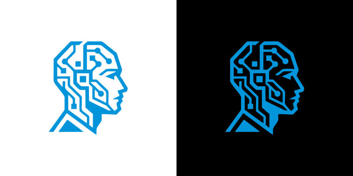 Advanced artificial intelligence human head icon with digital circuit board patterns, representing machine learning and modern futuristic technology