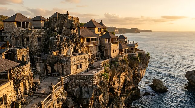 Ancient stone village built on a coastal cliff at sunset
