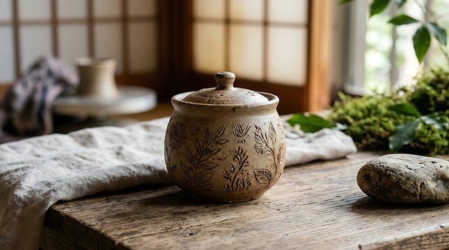Handcrafted ceramic jar with leaf patterns on a rustic wooden table