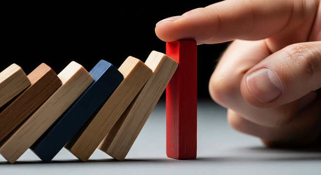 Businessman hand pushing red domino causing a chain reaction, perfect for triggering corporate impact creating effects and taking action