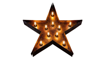 Fototapeta na wymiar Rustic metal star marquee sign with illuminated bulbs, isolated on transparent background