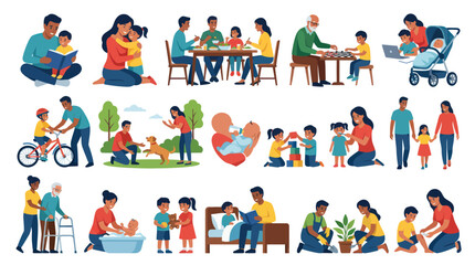 Fototapeta premium Flat Family Life Illustration Set: Parenting, Childcare, Education, and Generational Daily Activities