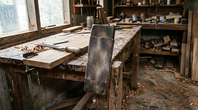 Traditional carpenter workbench with rasp tool and wood shavings