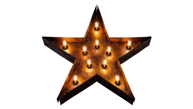 Rustic metal star marquee sign with illuminated bulbs, isolated on transparent background