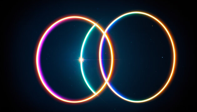 two glowing neon circles overlapping each other in the dark space with a bright light lens flare effect at the intersection point