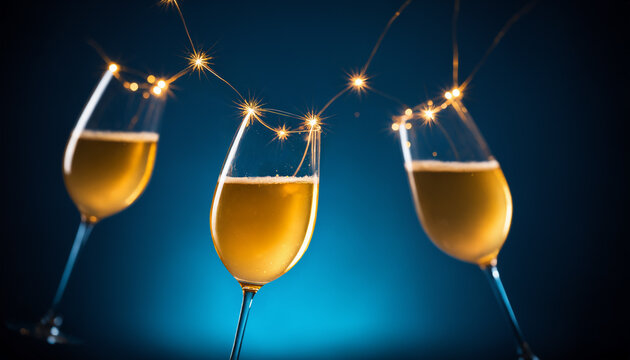 three wine glasses filled with champagne and illuminated by sparkling string lights against a dark blue background