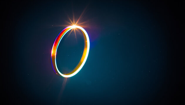 a single glowing colorful ring floating in the dark space with a bright light flare shining at the top edge