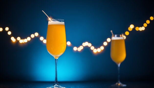 two tall glasses filled with orange sparkling drink and a straw standing on a surface with glowing string lights in the background