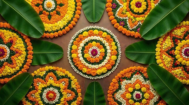 Traditional flower pookalam patterns with banana leaves for festival