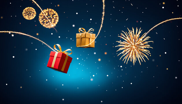red and gold wrapped gift boxes floating in a dark blue sky with bright fireworks and sparkling trails