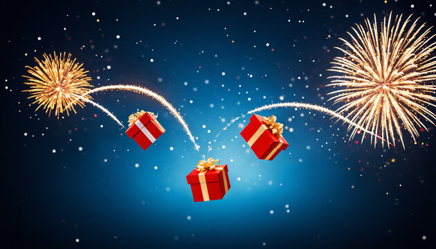 three red gift boxes with golden bows flying through a starry night sky with golden fireworks bursting around them