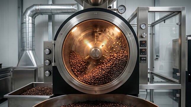 Coffee beans roasting in a professional industrial machine