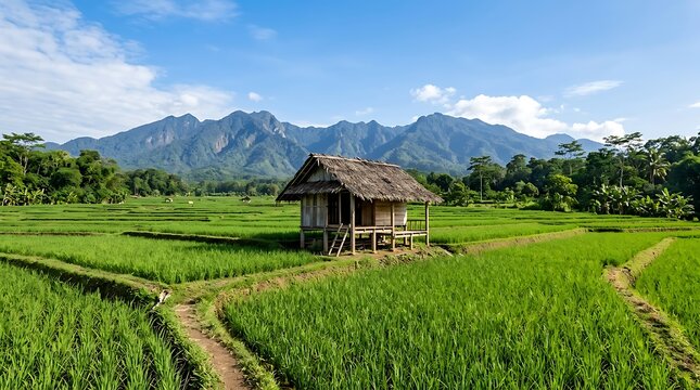 Traditional wooden hut in a lush green rice field with mountains
