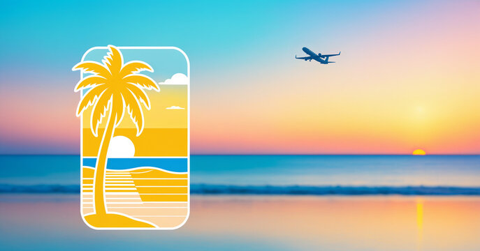 yellow palm tree outline centered over a blurred sunset beach photograph with an airplane in the sky