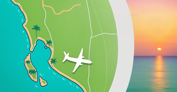 split view of a flat map illustration with a white airplane and green palm trees next to a blurred image of a sunset over the blue ocean