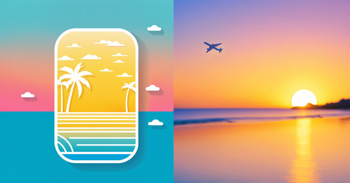 split view featuring a stylized airplane window graphic with a flat sunset beach scene next to a blurred image of an ocean sunset with an airplane
