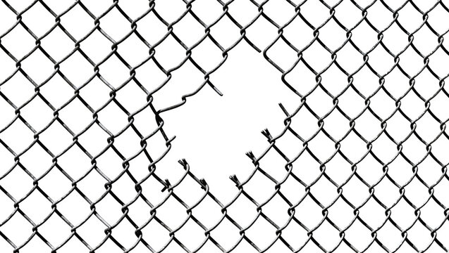 Torn chain link fence with a large diamond-shaped hole, isolated on transparent background
