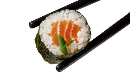 Dark chopsticks holding a salmon sushi roll with green onion, isolated on transparent background © Maria