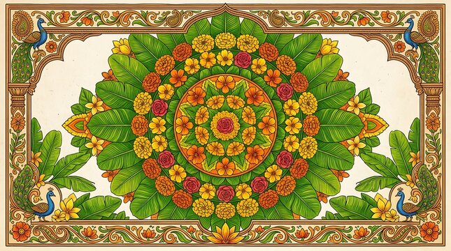 Colorful indian floral mandala with peacocks and ornate border