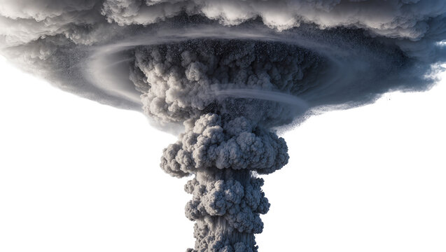 Massive dark grey ash cloud mushroom explosion, isolated on transparent background