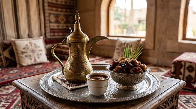 Traditional arabic coffee pot with dates and cup in a cozy majlis