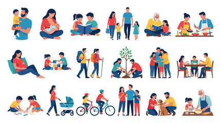 Fototapeta premium Flat Design Vector Illustrations of Happy Family Life, Parenting, and Everyday Activities Collection