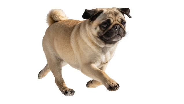 Fawn pug dog running with snow on paws, isolated on transparent background