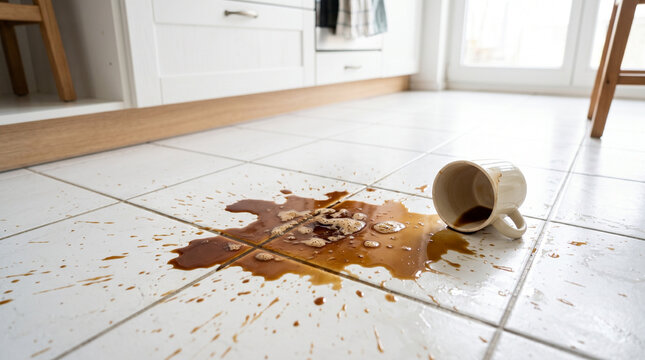 Spilled coffee cup on kitchen floor with brown stain and tiles  
