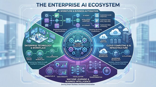 Enterprise AI ecosystem diagram showing intelligent automation, digital transformation, cloud computing, data analytics, workflow automation, and business intelligence in modern office environment