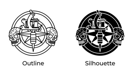 Tattoo Machine and Skulls Emblem: A striking graphic featuring a tattoo machine and two skull motifs, presented in both outline and silhouette forms, suggesting artistry and edginess. © Goro