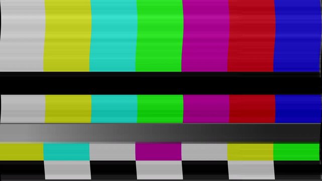 Retro tv test pattern with colorful bars and please stand by text featuring analog glitch. Please Stand By TV Screen with  Color Bars. 4K Video